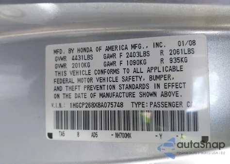 2008 Honda Accord 2.4 Ex-L z USA, uszkodzony, nr VIN 1HGCP268X8A075748